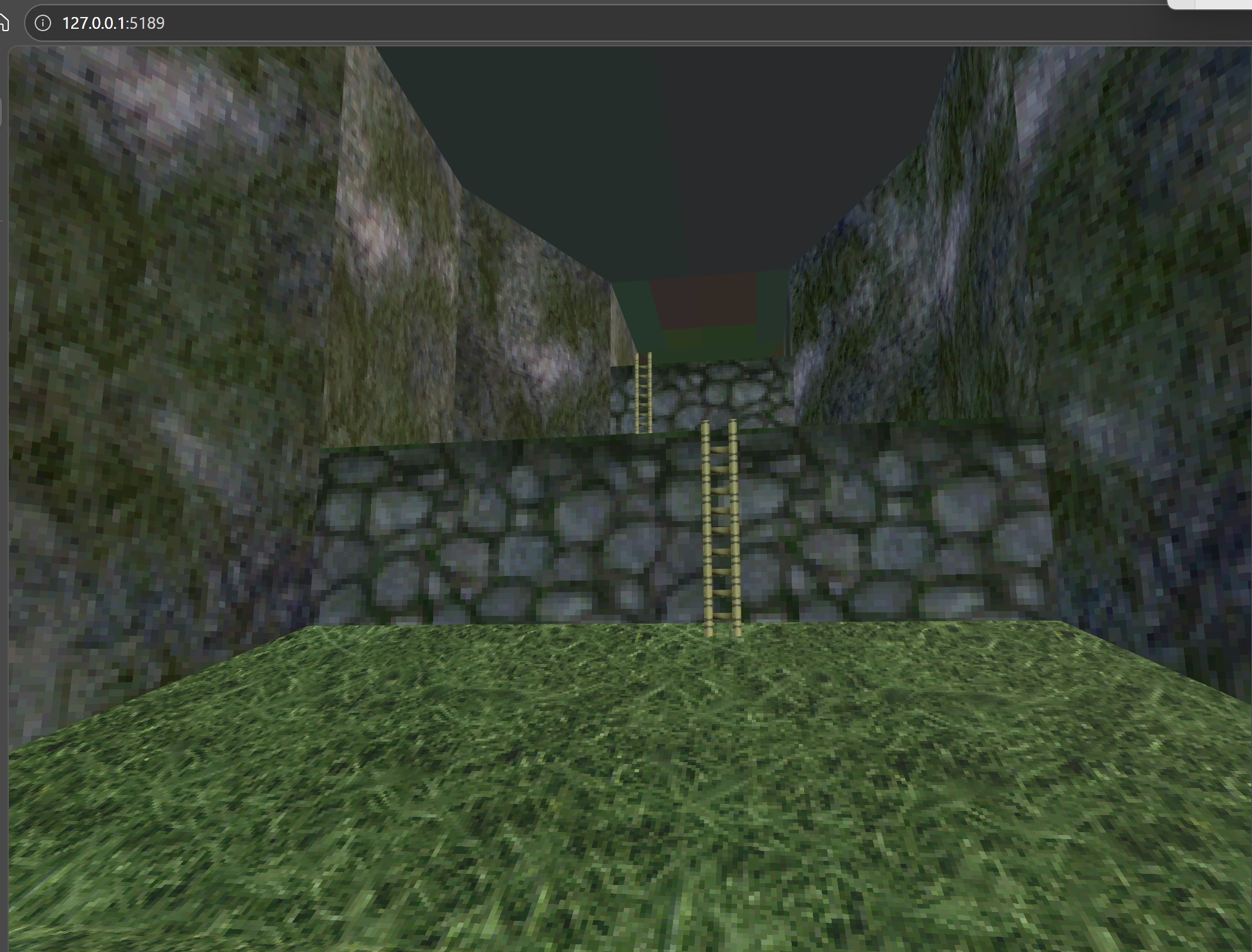 Browser screenshot of a locally running retro 3D scene with mossy stone walls, ladders, and pixelated game textures.