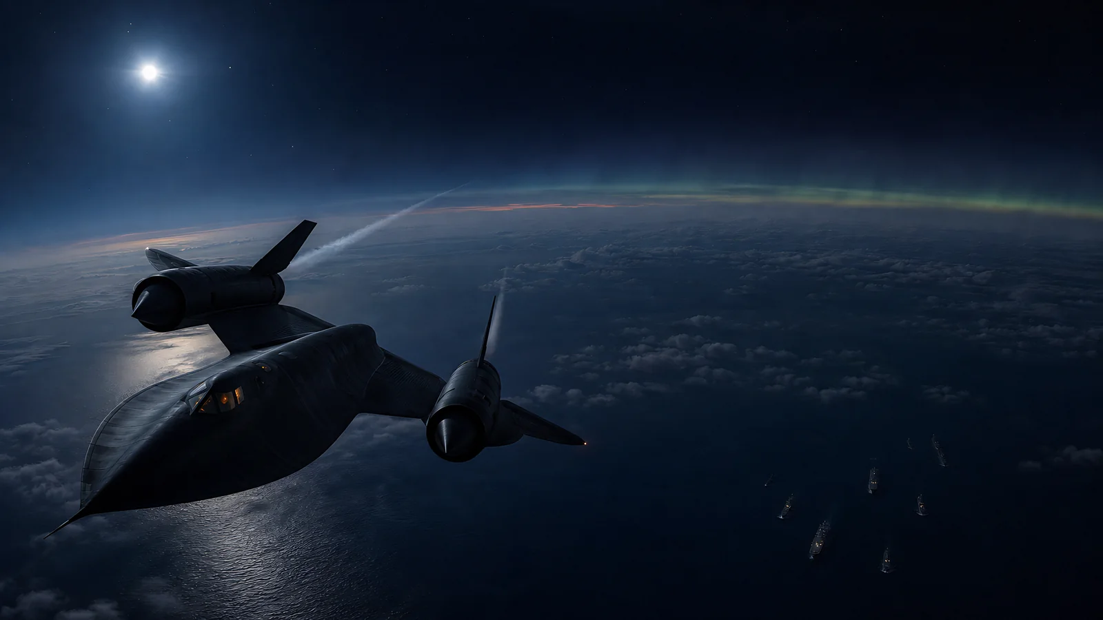 An upscaled SR-71 passes above a moonlit ocean and naval formation.