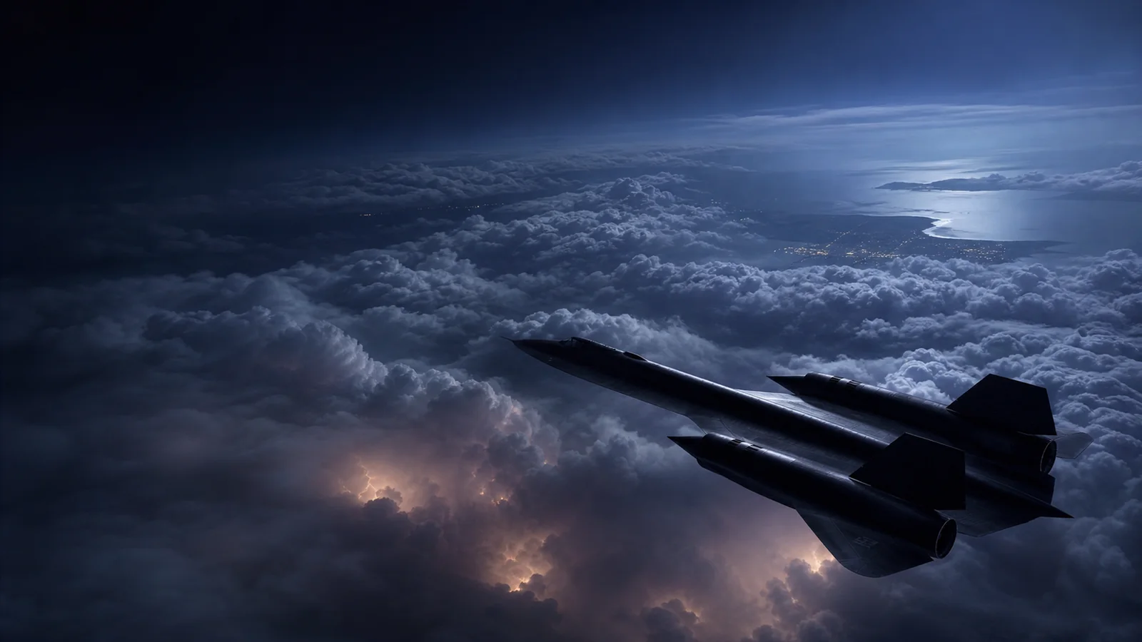 Original source render: An SR-71 flies above towering storm clouds toward a moonlit coastline.