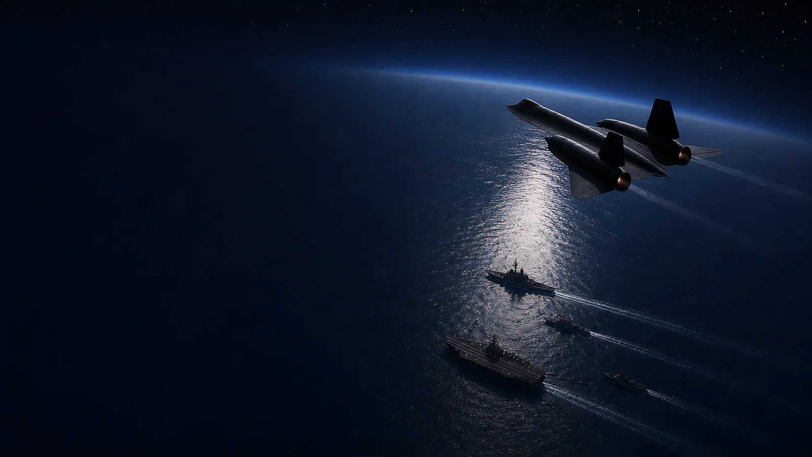 An upscaled SR-71 climbs above moonlit ships and a dark ocean.