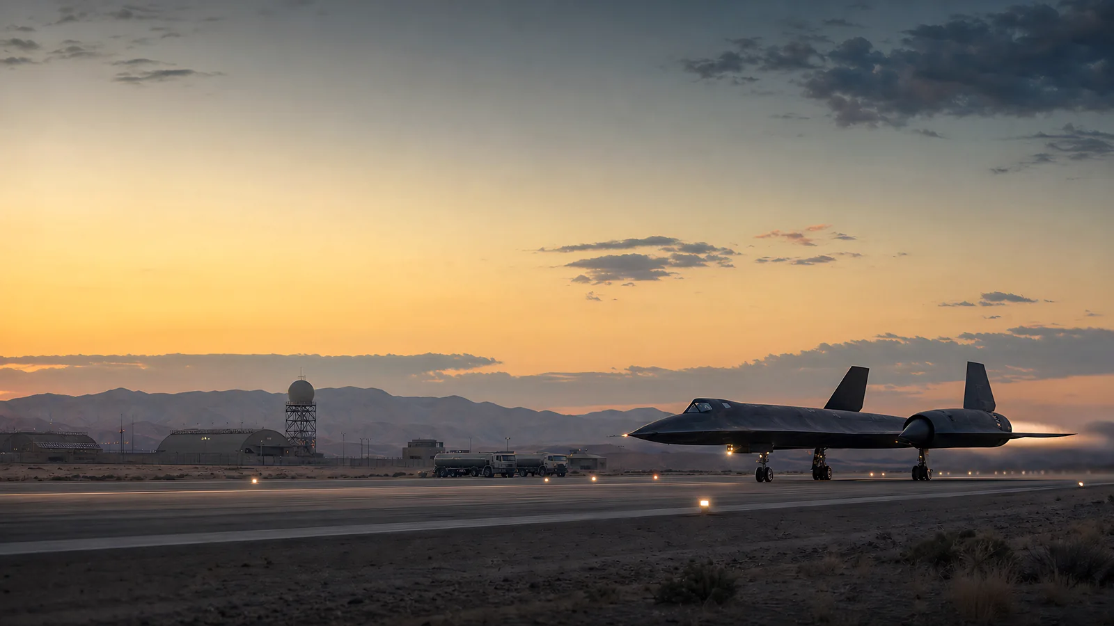 An upscaled SR-71 returns to a desert runway under a gold morning sky.