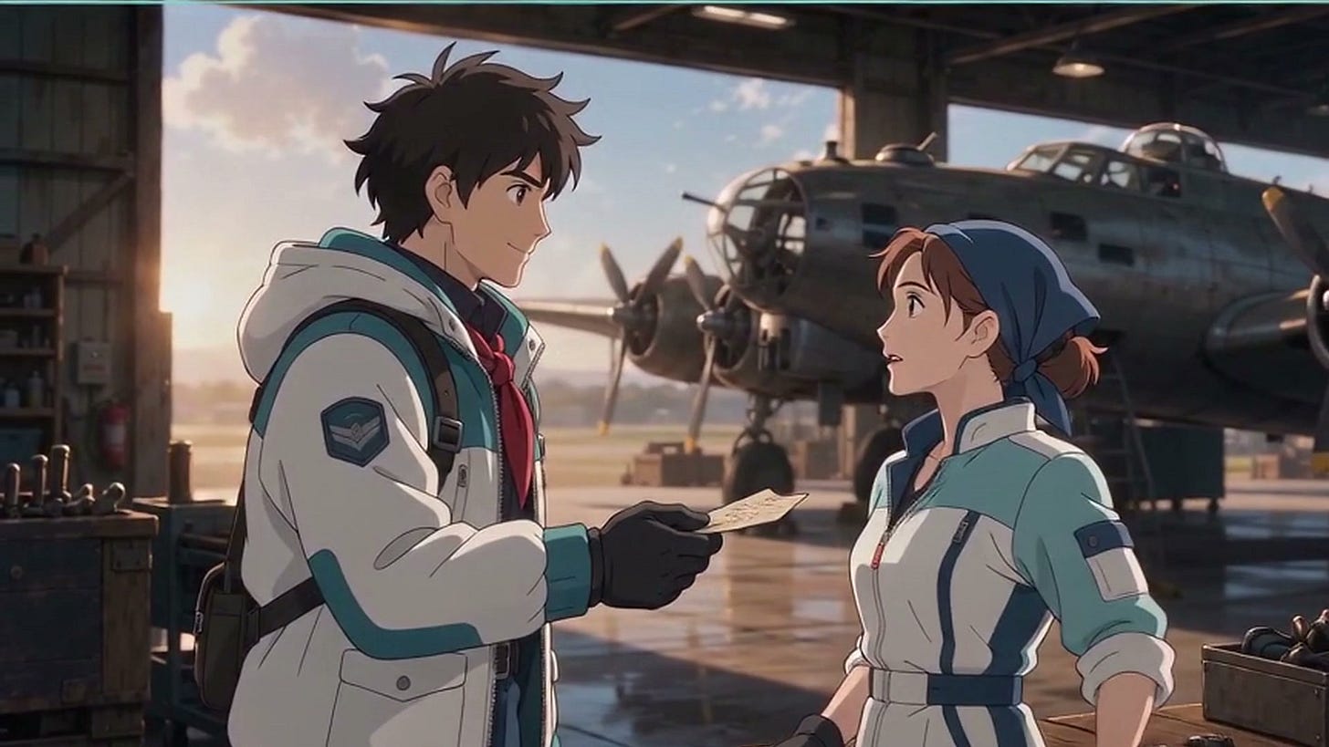 Two animated characters exchange a paper in an aircraft hangar beside a bomber.