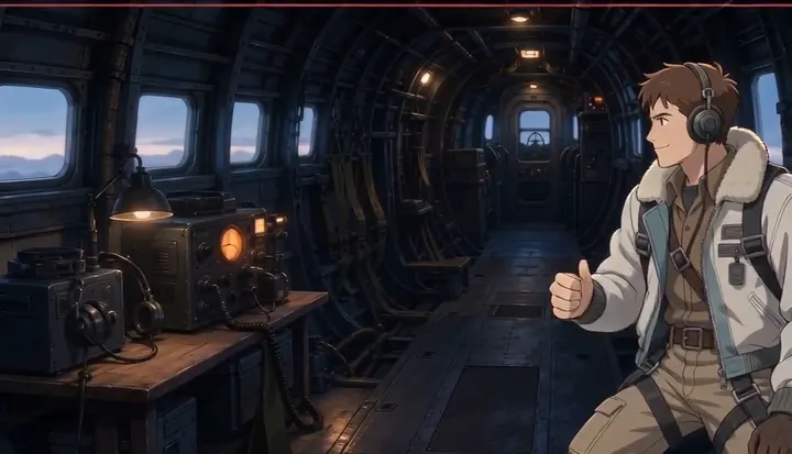 A flight-suited crew member moves through the narrow bomber interior. Sample 3 · frame 0215.