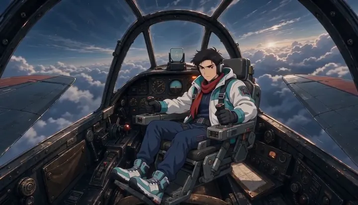 A pilot sits under the fighter canopy above a bright cloud deck. Sample 1 · frame 0068.