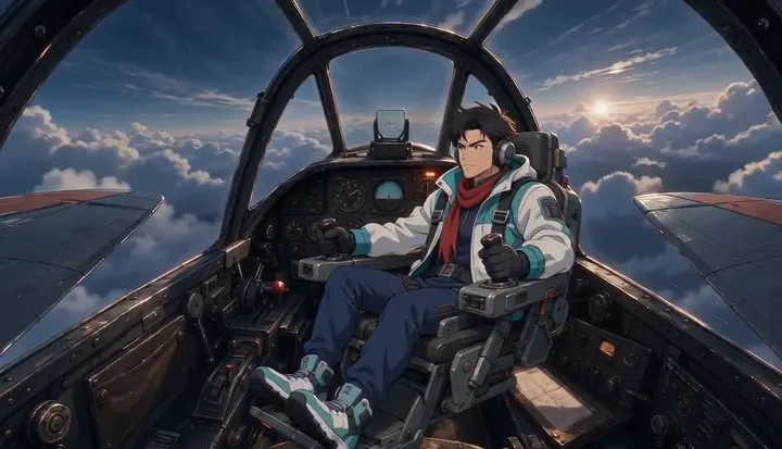A pilot sits under the fighter canopy above a bright cloud deck. Sample 2 · frame 0112.