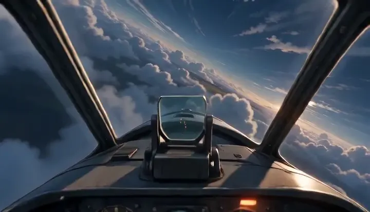 A pilot sits under the fighter canopy above a bright cloud deck. Sample 3 · frame 0148.