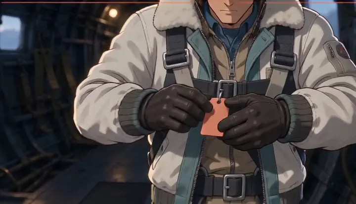 Gloved hands fasten the straps of a flight harness. Sample 1 · frame 0064.
