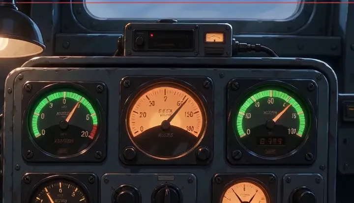 Green and amber gauges rise across an instrument panel. Sample 2 · frame 0164.