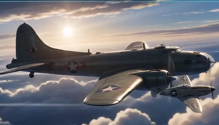 Bombers and fighters cross a bright layer of cloud. Sample 1 · frame 0056.