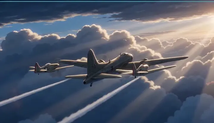 Bombers and fighters cross a bright layer of cloud. Sample 3 · frame 0200.