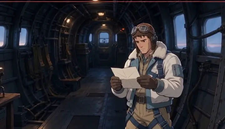 A crew member reads a folded note inside the bomber. Sample 1 · frame 0103.