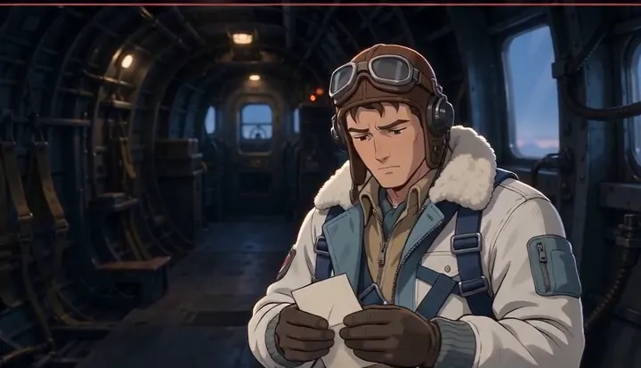 A crew member reads a folded note inside the bomber. Sample 2 · frame 0164.