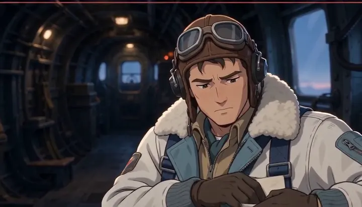 A crew member reads a folded note inside the bomber. Sample 3 · frame 0210.