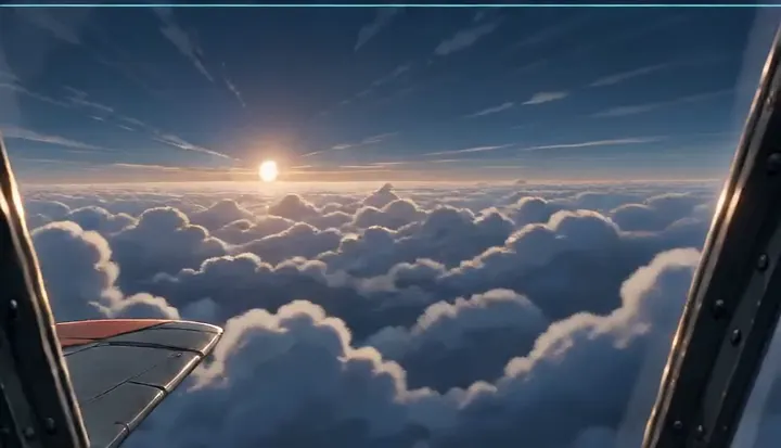 Sunlight fills the window above a deep cloud layer. Sample 2 · frame 0164.