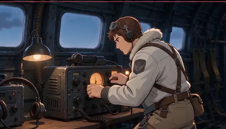 A radio operator leans toward gauges and a microphone. Sample 1 · frame 0096.