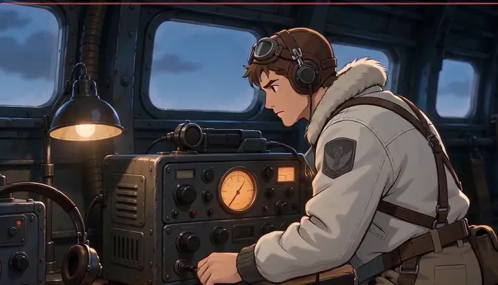 A radio operator leans toward gauges and a microphone. Sample 2 · frame 0160.