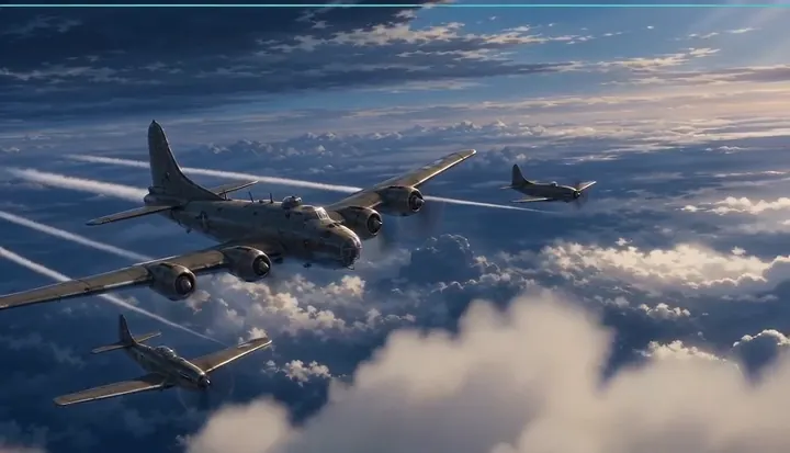 A bomber formation passes between tall clouds. Sample 1 · frame 0029.