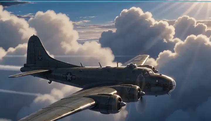 A bomber formation passes between tall clouds. Sample 3 · frame 0211.