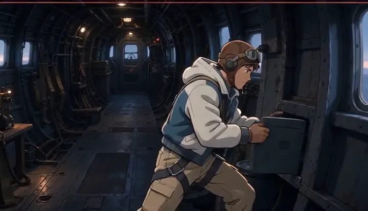 A crew member turns toward the windows inside the bomber. Sample 1 · frame 0040.