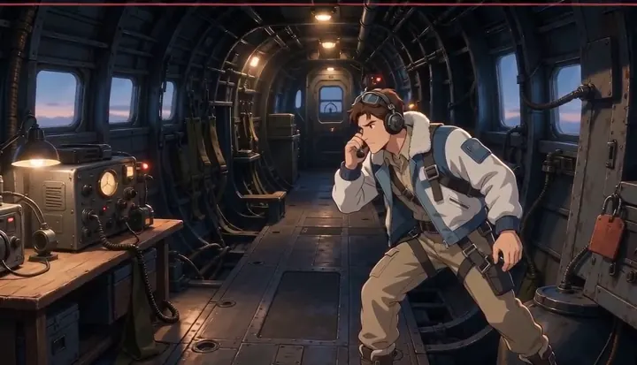 A crew member listens for a radio call inside the bomber. Sample 1 · frame 0100.