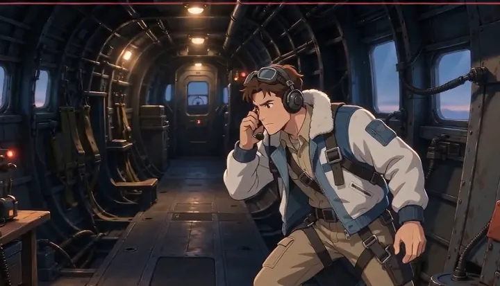 A crew member listens for a radio call inside the bomber. Sample 2 · frame 0140.