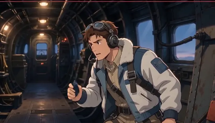 A crew member listens for a radio call inside the bomber. Sample 3 · frame 0176.