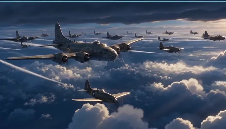 A large formation crosses above sunlit clouds. Sample 1 · frame 0068.
