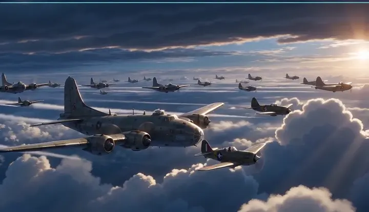 A large formation crosses above sunlit clouds. Sample 3 · frame 0156.
