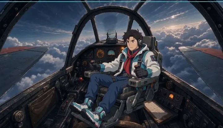 A pilot looks back across the fighter's wing. Sample 1 · frame 0034.