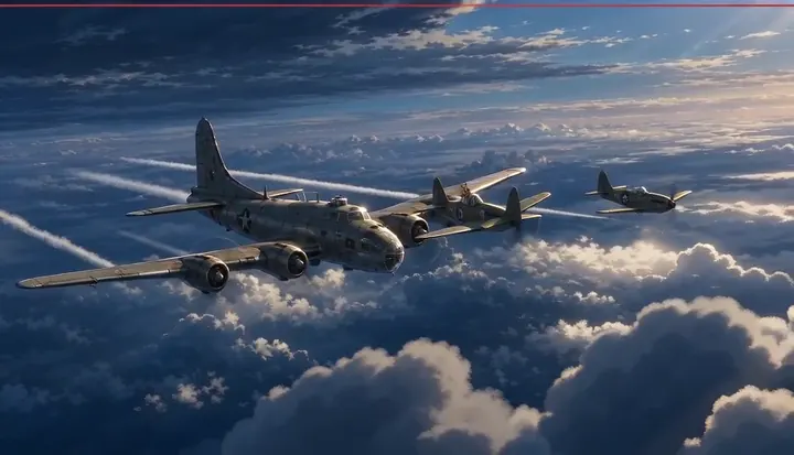 A bomber and escort aircraft fly over broken cloud. Sample 2 · frame 0136.