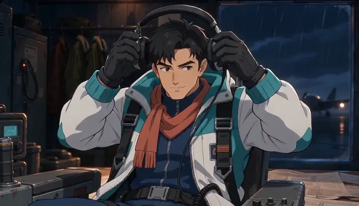 Rain falls outside as a headset-wearing crew member works at a control station. Sample 3 · frame 0216.