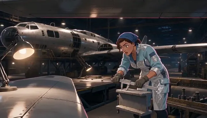 A factory worker leans across an aircraft nose under hangar lights. Sample 1 · frame 0068.