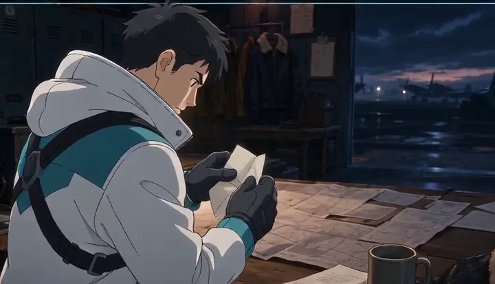 Gloved hands hold a handwritten letter above a worktable. Sample 1 · frame 0068.