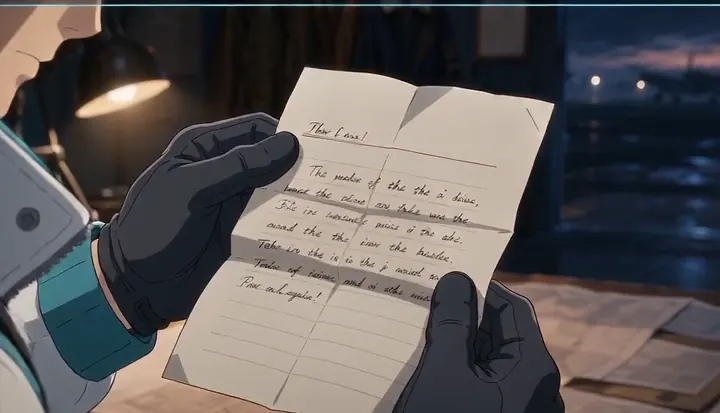 Gloved hands hold a handwritten letter above a worktable. Sample 2 · frame 0104.