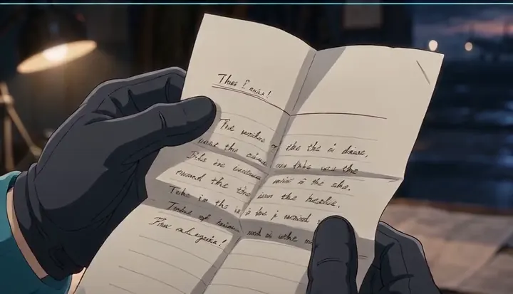 Gloved hands hold a handwritten letter above a worktable. Sample 3 · frame 0168.
