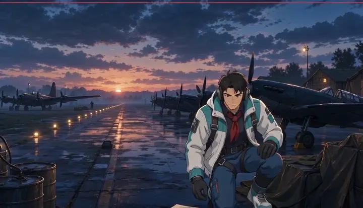 A crew member watches sunrise break over a wet airfield. Sample 1 · frame 0060.