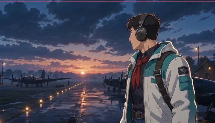A crew member watches sunrise break over a wet airfield. Sample 2 · frame 0164.