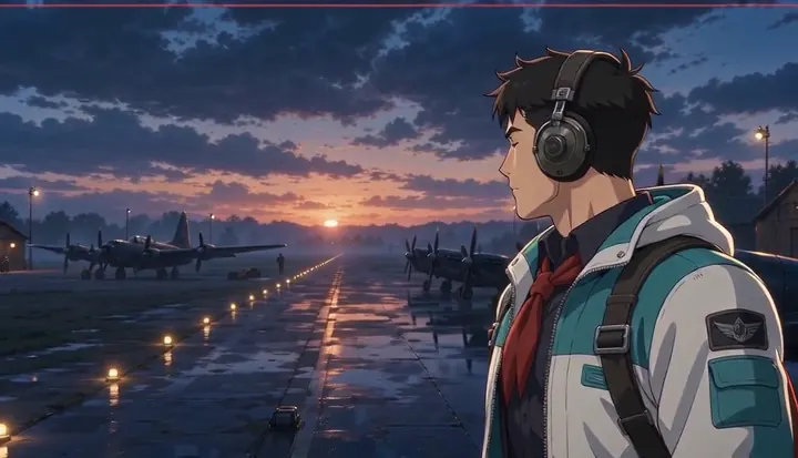A crew member watches sunrise break over a wet airfield. Sample 3 · frame 0212.