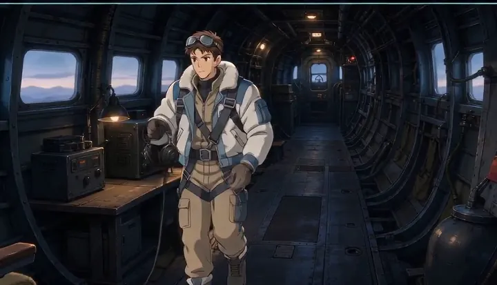 A crew member raises a headset inside a bomber cabin. Sample 1 · frame 0088.