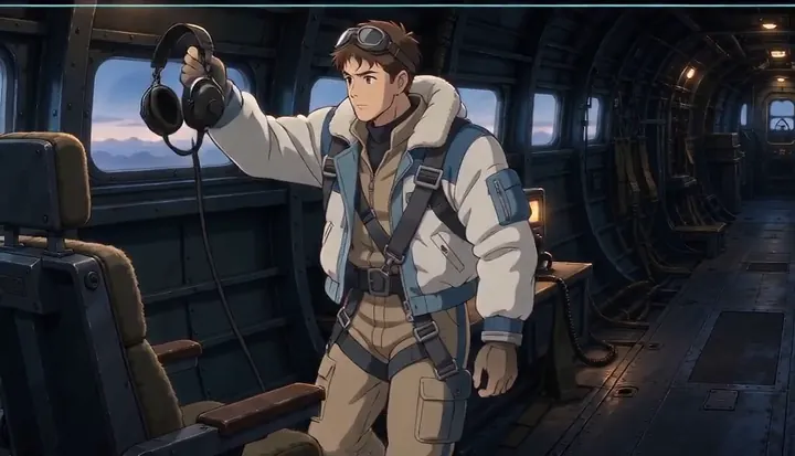 A crew member raises a headset inside a bomber cabin. Sample 2 · frame 0124.