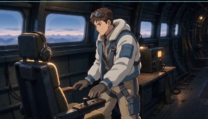 A crew member raises a headset inside a bomber cabin. Sample 3 · frame 0212.