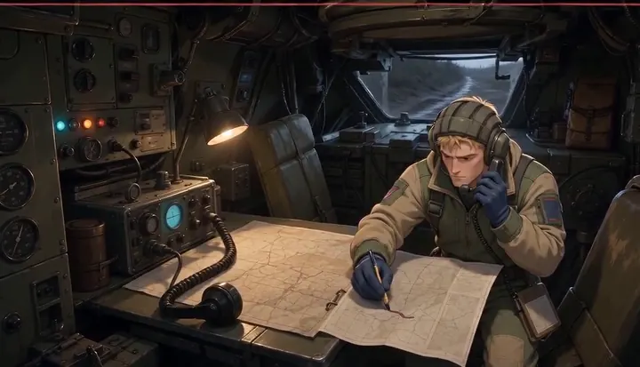 A radio operator studies a route map beside cockpit instruments. Sample 1 · frame 0100.