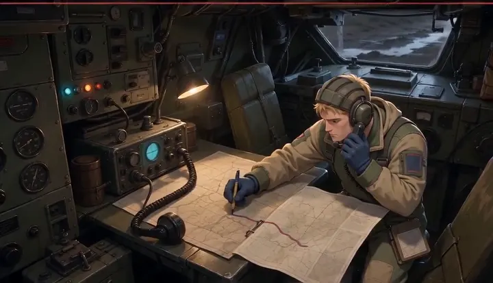 A radio operator studies a route map beside cockpit instruments. Sample 2 · frame 0144.