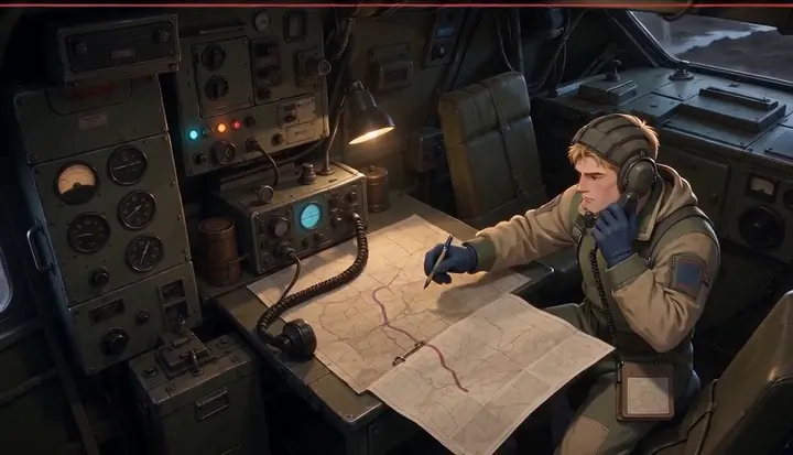 A radio operator studies a route map beside cockpit instruments. Sample 3 · frame 0216.