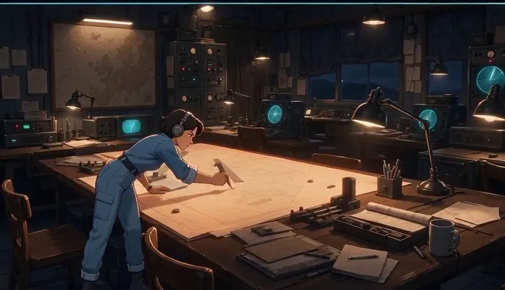 A worker marks a large plan across a table in a communications room. Sample 1 · frame 0088.