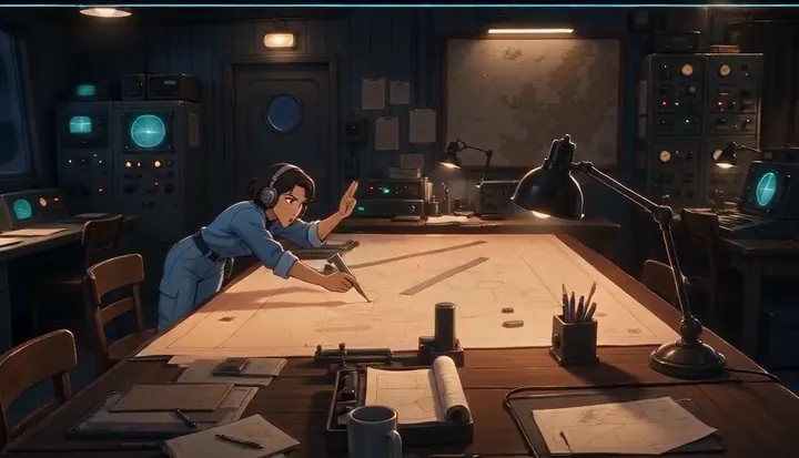 A worker marks a large plan across a table in a communications room. Sample 2 · frame 0164.