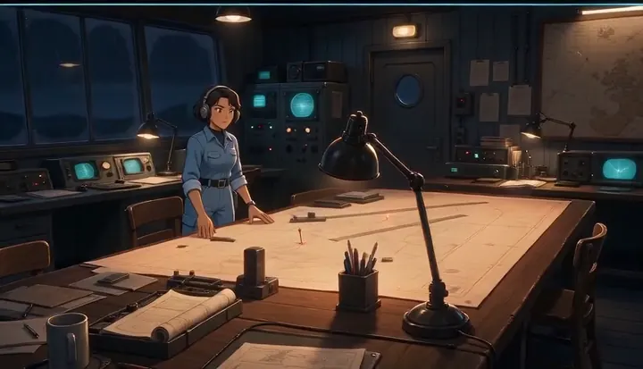 A worker marks a large plan across a table in a communications room. Sample 3 · frame 0204.