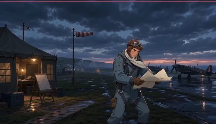 A crew member points across the runway while carrying papers. Sample 1 · frame 0040.