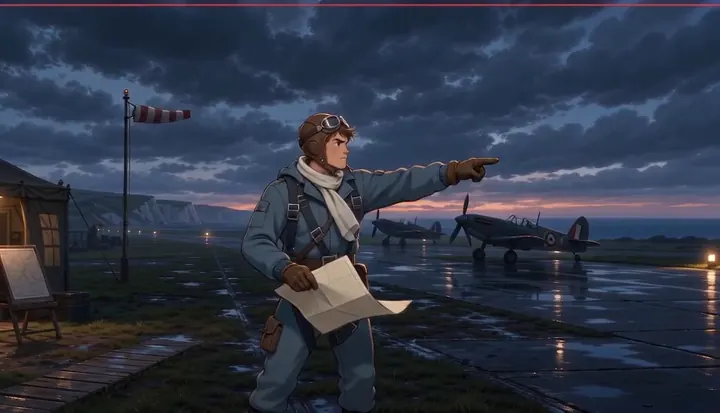 A crew member points across the runway while carrying papers. Sample 2 · frame 0162.