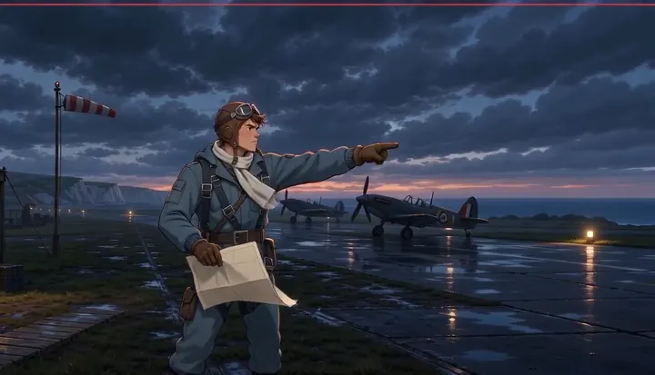A crew member points across the runway while carrying papers. Sample 3 · frame 0216.